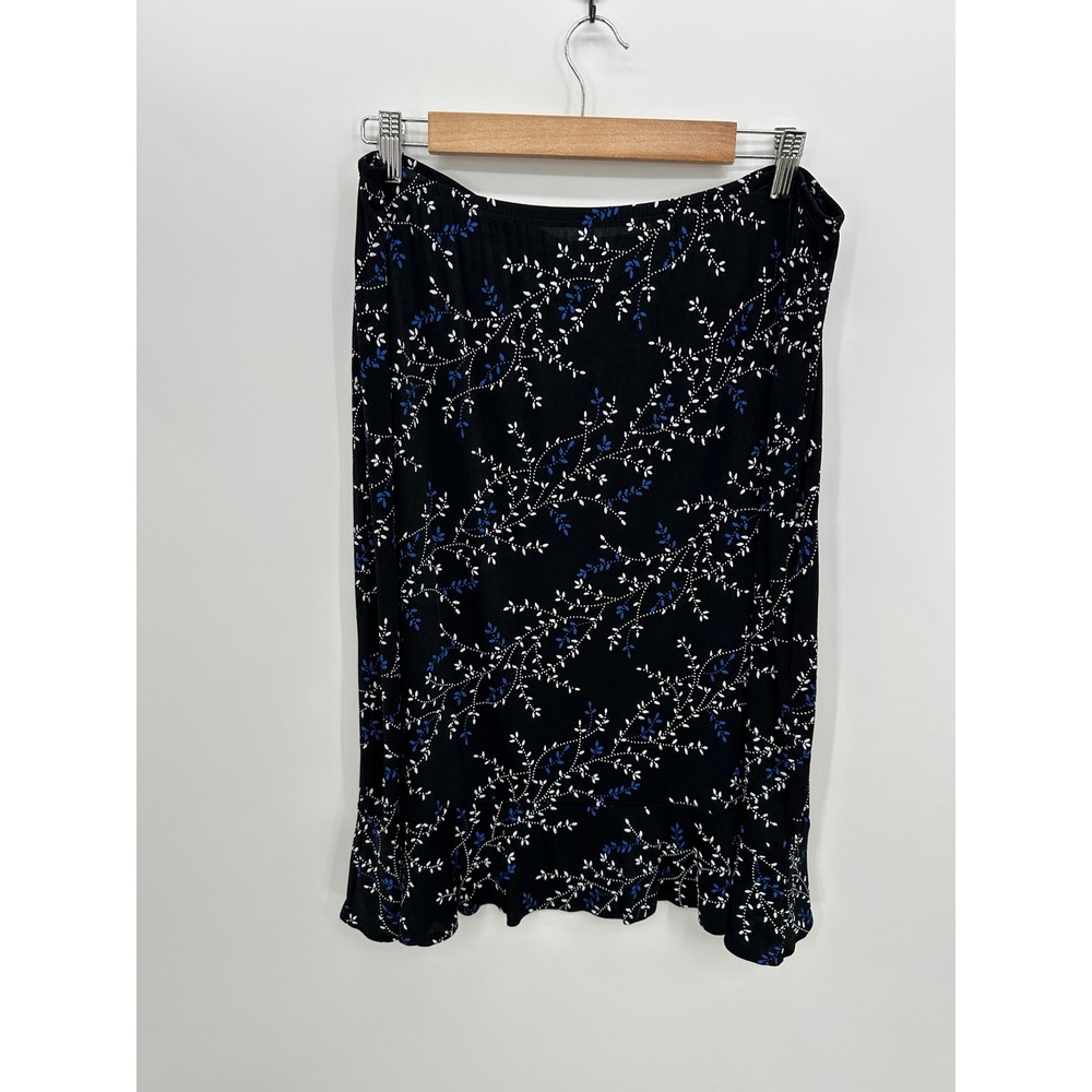 Vtg Y2K Black Blue Floral Ruffle Hem Midi Skirt USA Sz 1X Whimsigoth Fairycore